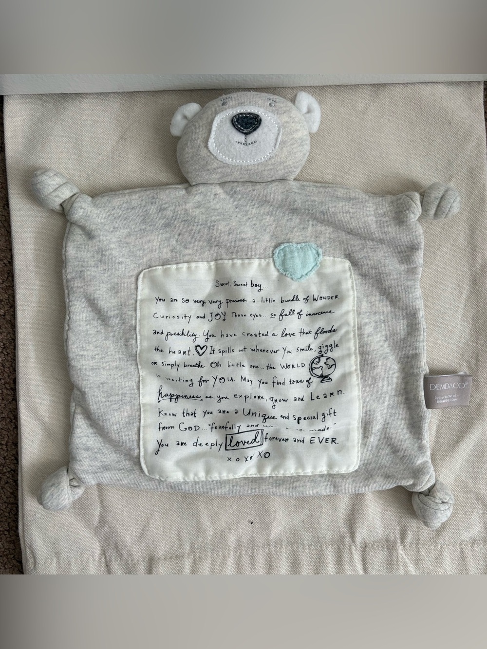 Lori Siebert DEMDACO Sweet Boy Bear Lovey Security Blanket Rattle Sentiment